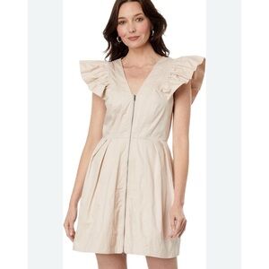 En Saison NWT Leighton Mini Dress Ruffle Sleeve Zip Front Beige Large New